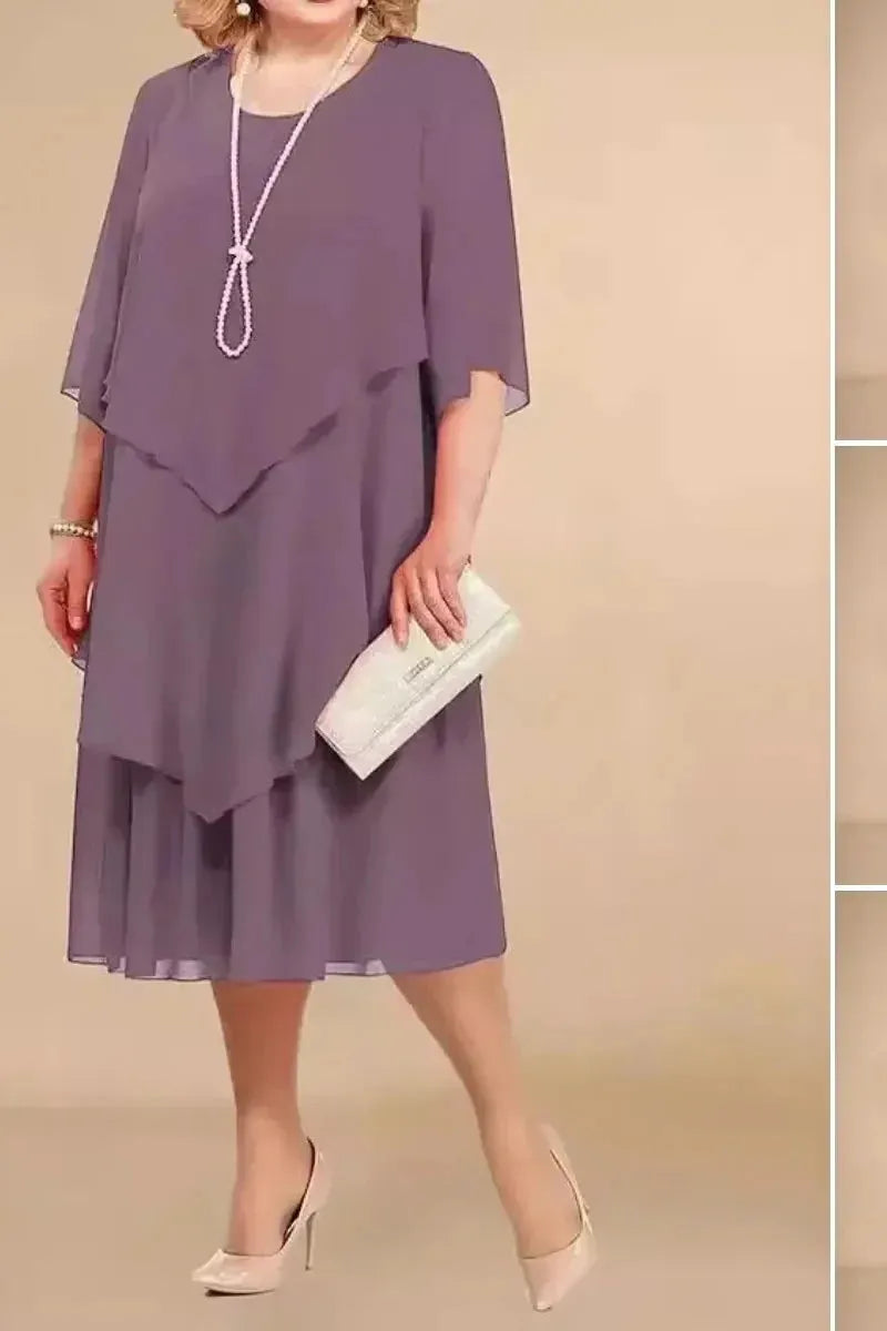 Tummy-covering dress in light purple, front view, draped V at waist, layered hem
