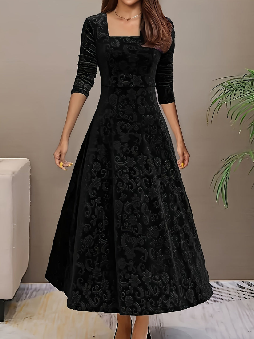 Black velvet midi A-line dress, square neckline, long sleeves, tonal floral pattern
