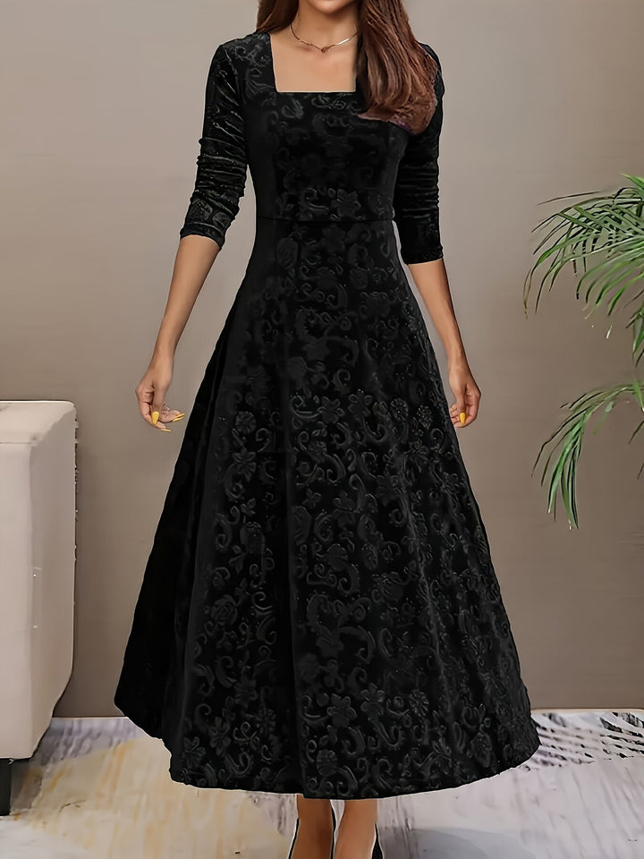 Black velvet midi A-line dress, square neckline, long sleeves, tonal floral pattern