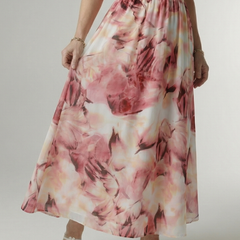 Pink floral gathered halter midi dress, waist gathered and midi-length tiered skirt.