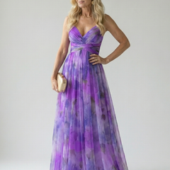 Purple soft wrap maxi dress with V-neck and crisscross wrap bodice, gathered waist, pleated tulle.