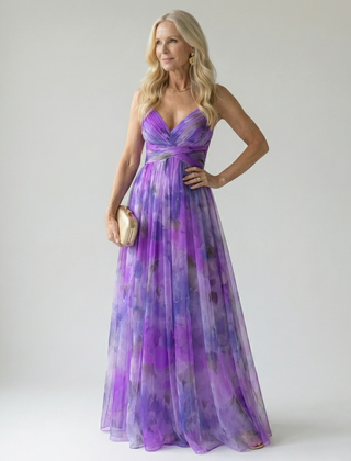 Purple soft wrap maxi dress with V-neck and crisscross wrap bodice, gathered waist, pleated tulle.