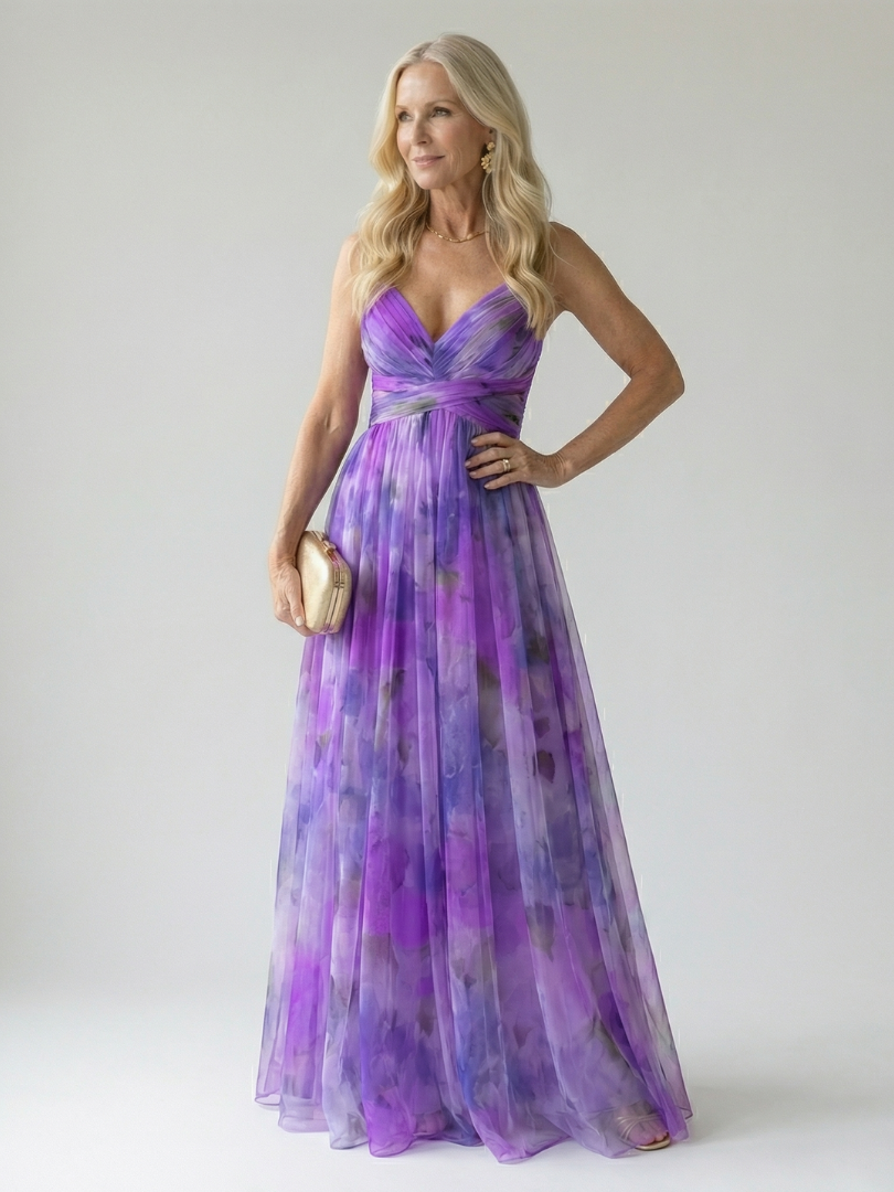 Purple soft wrap maxi dress with V-neck and crisscross wrap bodice, gathered waist, pleated tulle.