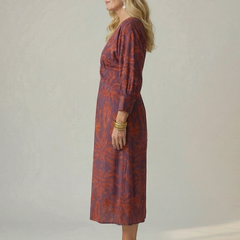 Side view wrap midi dress with long sleeves in purple and rust floral print