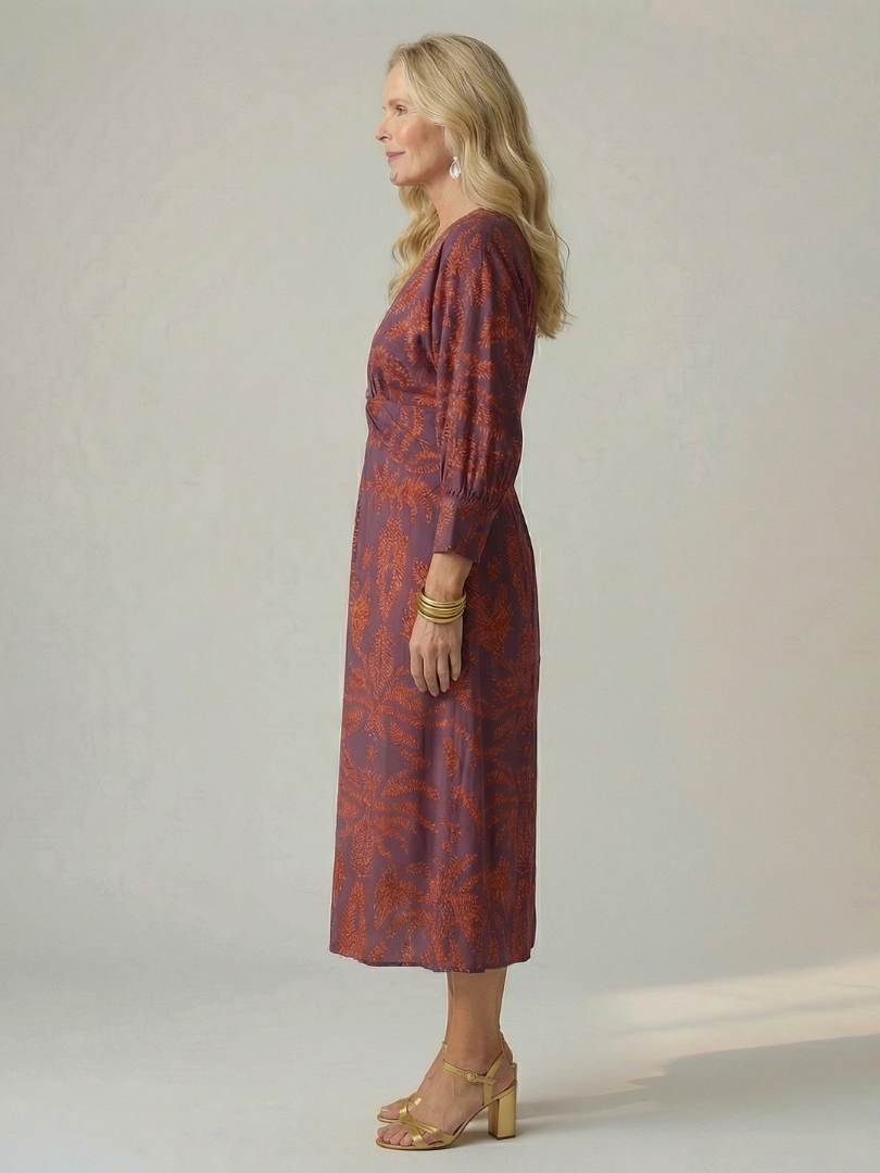 Side view wrap midi dress with long sleeves in purple and rust floral print
