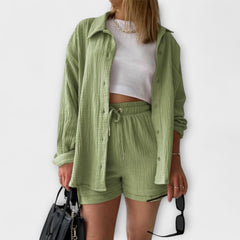 Light green button-front top with drawstring shorts, matching two-piece set