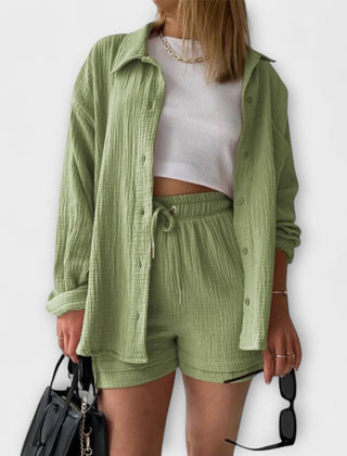 Light green button-front top with drawstring shorts, matching two-piece set