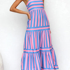 Pink and blue striped maxi dress with tiered ruffle layers, spaghetti straps