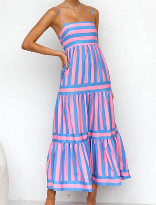 Pink and blue striped maxi dress with tiered ruffle layers, spaghetti straps