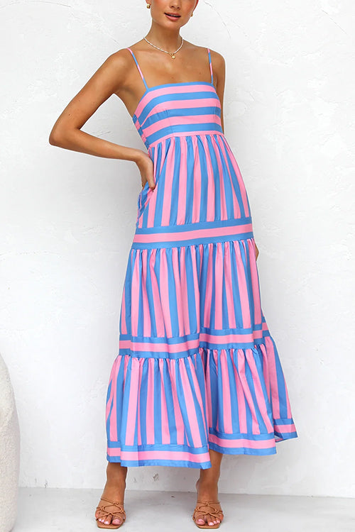 Pink and blue striped maxi dress with tiered ruffle layers, spaghetti straps