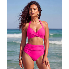 High-waisted tummy control 2-in-1 bikini set, bright pink triangle halter and high-waist briefs