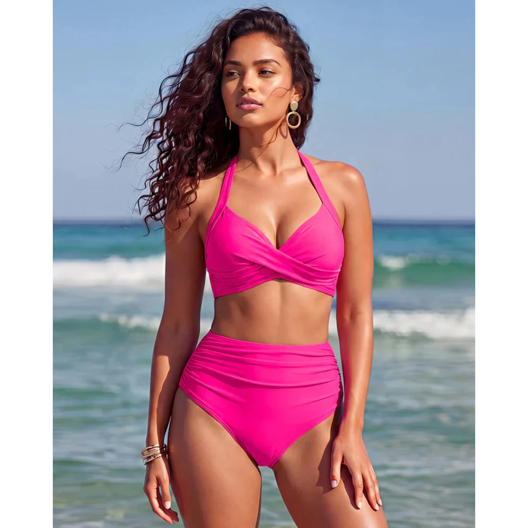 High-waisted tummy control 2-in-1 bikini set, bright pink triangle halter and high-waist briefs