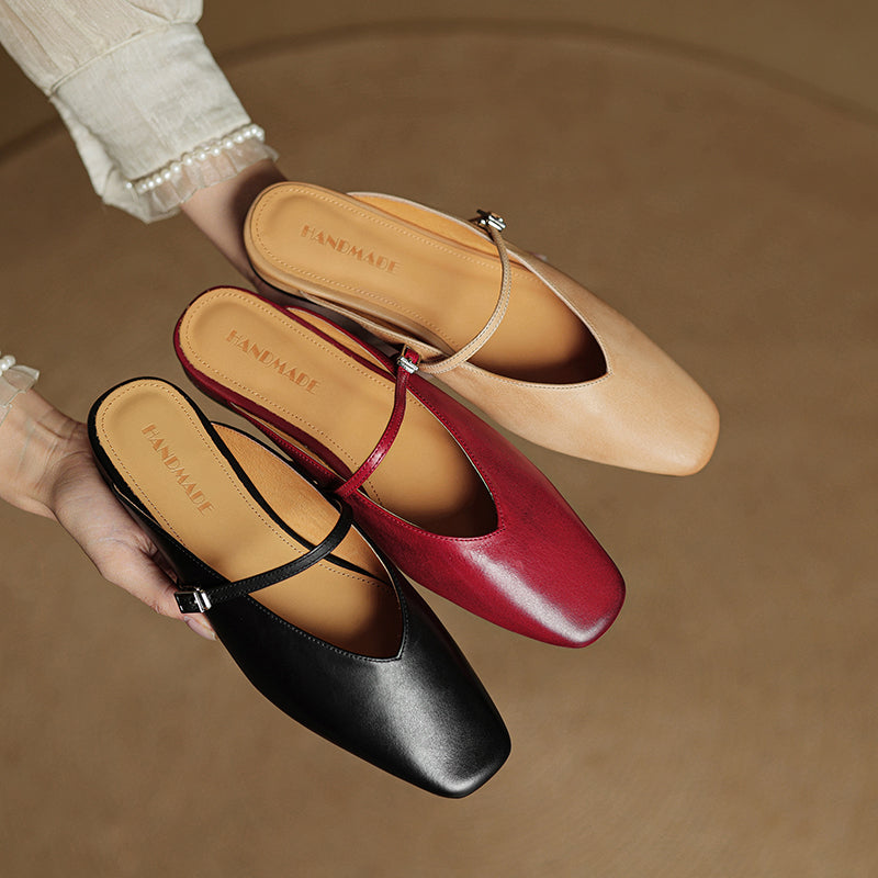 Miral genuine leather mules, pointed slip-ons with sling straps in maroon, black, and apricot