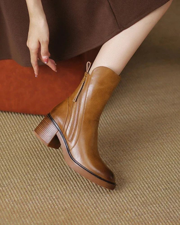 Brown leather ankle boots with side zipper, tassel detail, chunky block heel