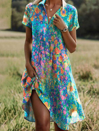 Multicolor floral V-neck summer dress with short sleeves and side slit