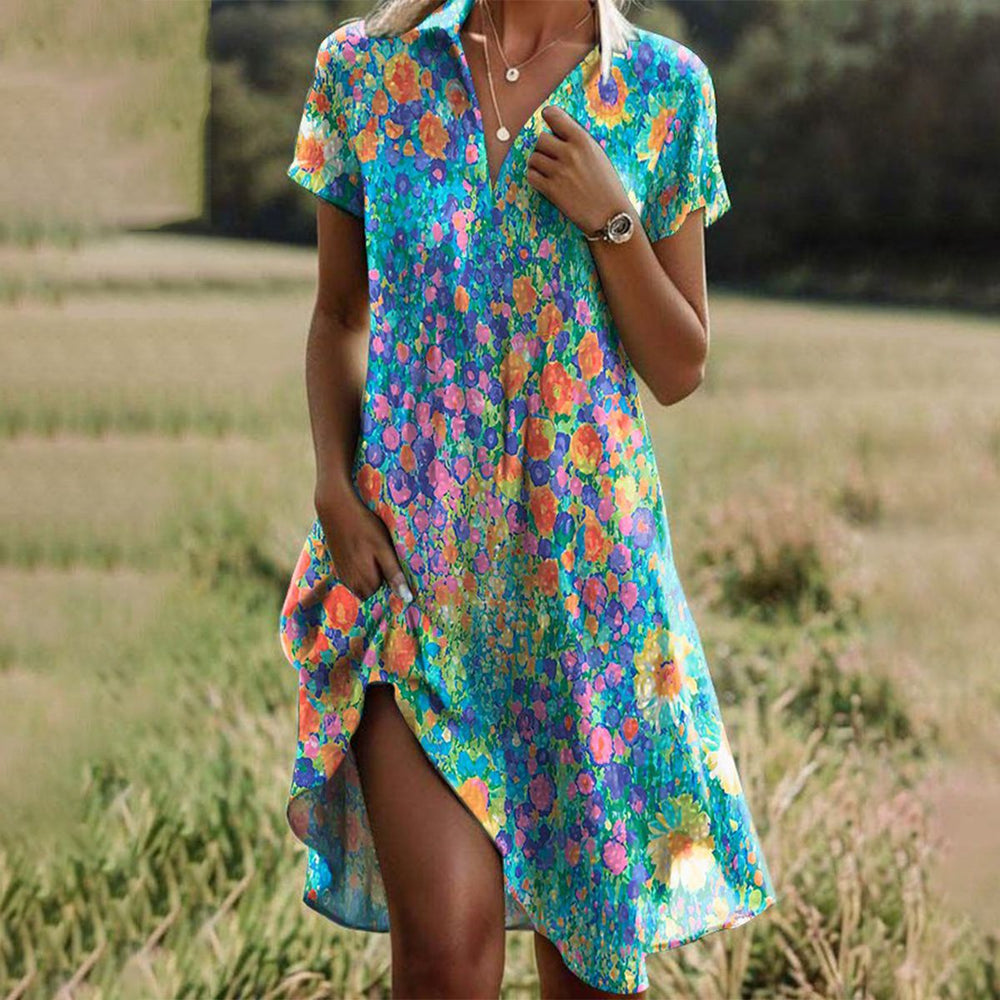 Multicolor floral V-neck summer dress with short sleeves and side slit