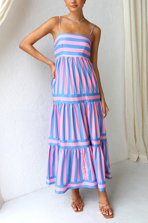 Blue and pink striped tiered maxi dress with spaghetti straps
