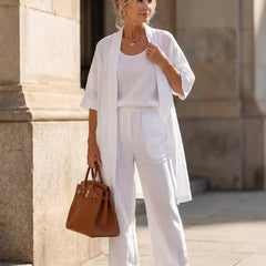 Lorrin™ elegant set in white: long open outer with wide-leg pants and layered top