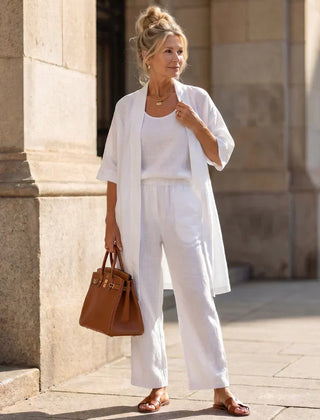 Lorrin™ elegant set in white: long open outer with wide-leg pants and layered top