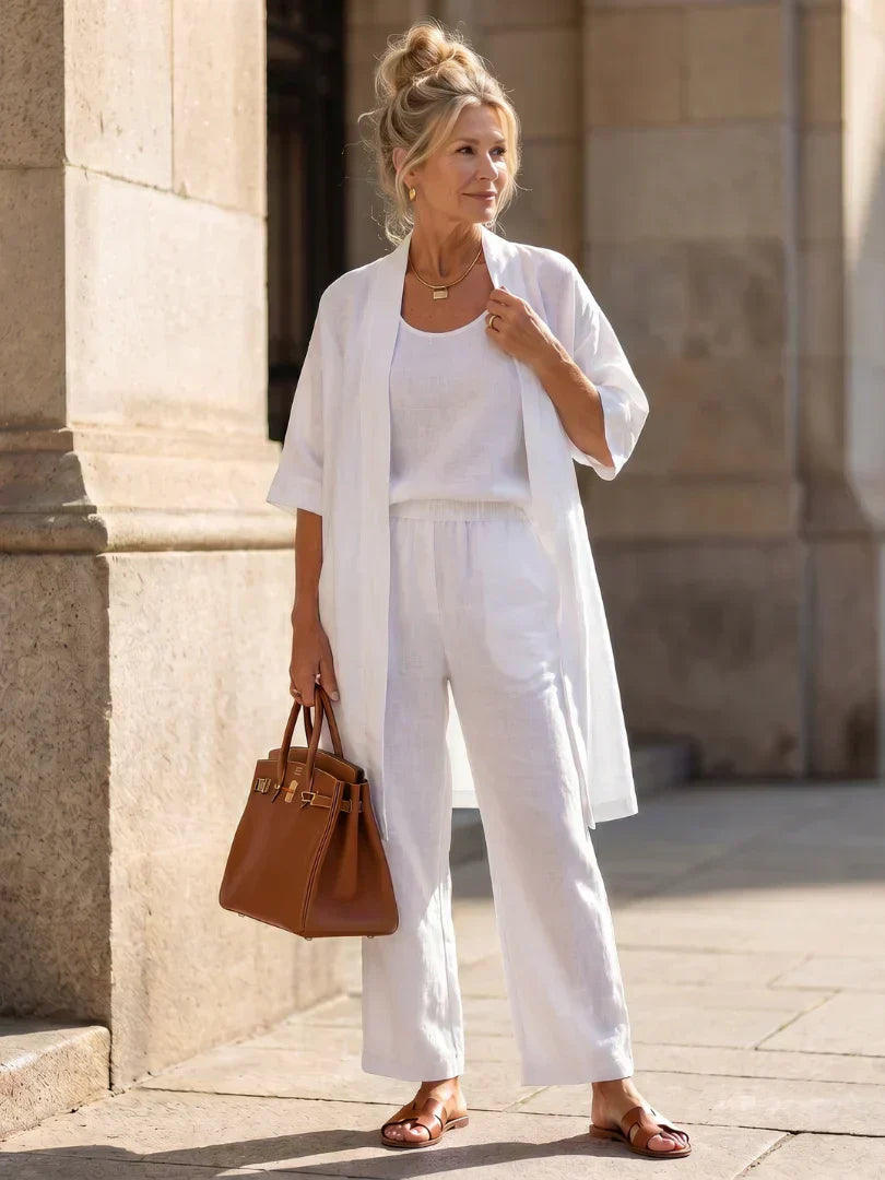 Lorrin™ elegant set in white: long open outer with wide-leg pants and layered top
