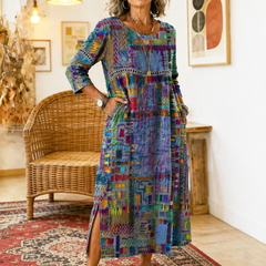 Multicolor patchwork midi dress with round neck, long sleeves, and front slit
