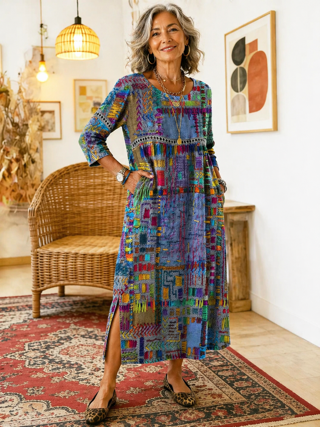 Multicolor patchwork midi dress with round neck, long sleeves, and front slit