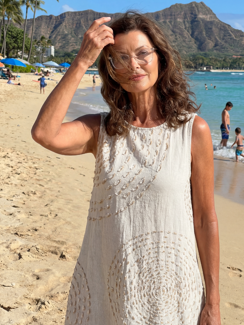 White textured midi dress, sleeveless with round neckline and gathered waist