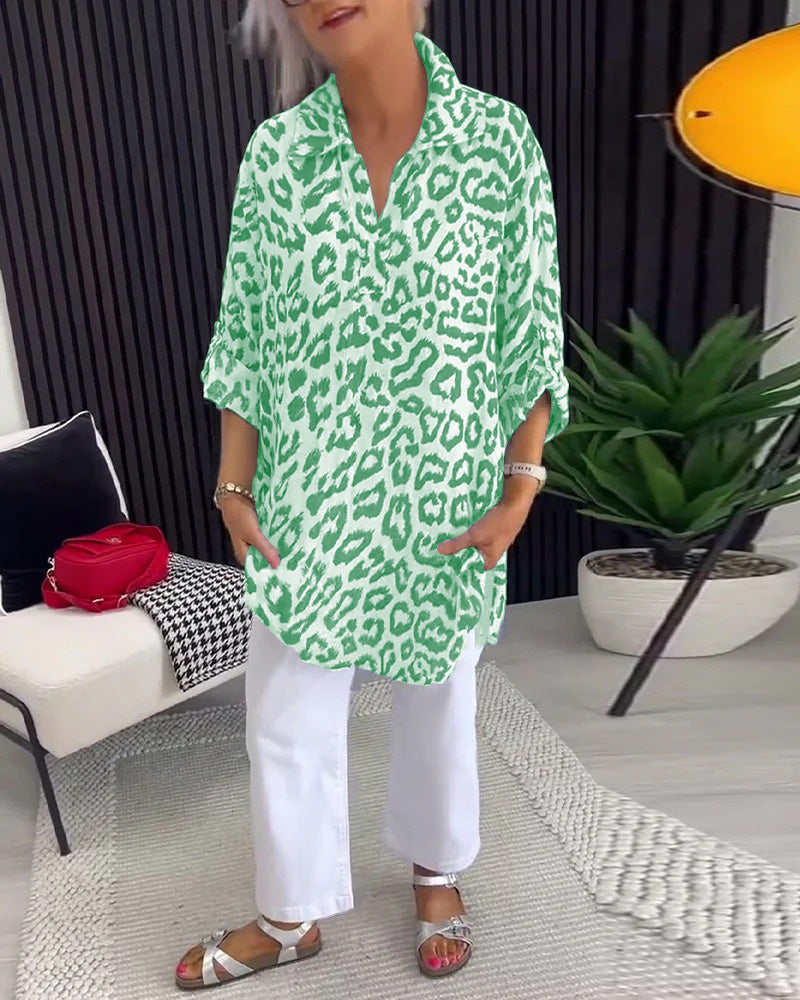 Green leopard print collar blouse with V neckline and three-quarter sleeves