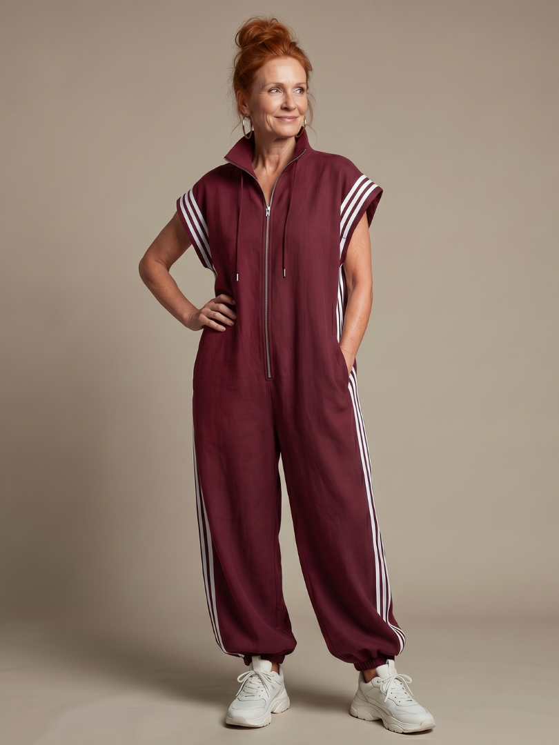 Burgundy zip-front jumpsuit with white striped sleeves and side stripes