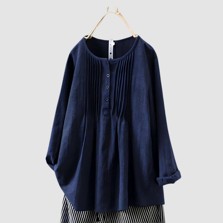 Navy long-sleeve blouse with button placket and gathered pleats at the yoke