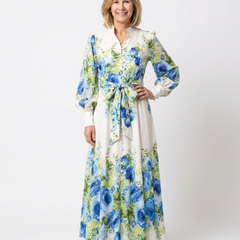 Long sleeve floral button-front maxi dress, white with blue flowers and green accents