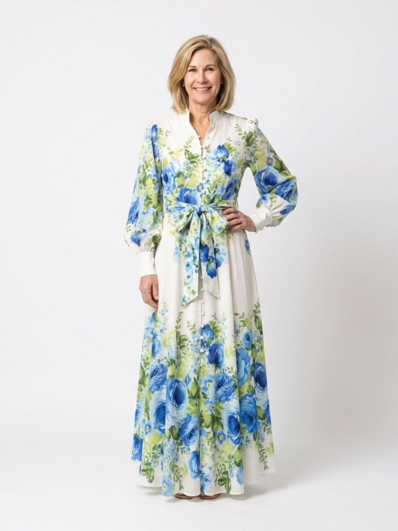 Long sleeve floral button-front maxi dress, white with blue flowers and green accents