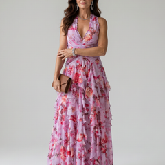 Pink halter-neck ruched bodice floral maxi dress with tiered ruffle skirt