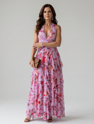 Pink halter-neck ruched bodice floral maxi dress with tiered ruffle skirt