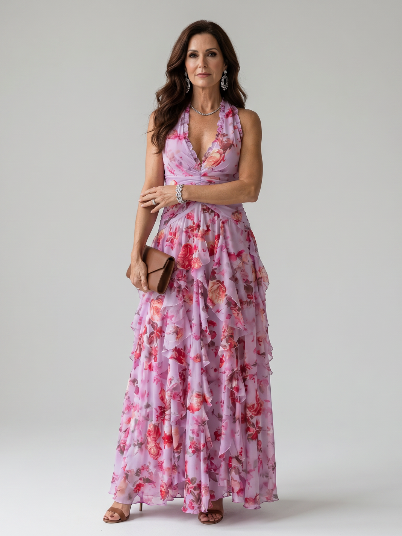 Pink halter-neck ruched bodice floral maxi dress with tiered ruffle skirt