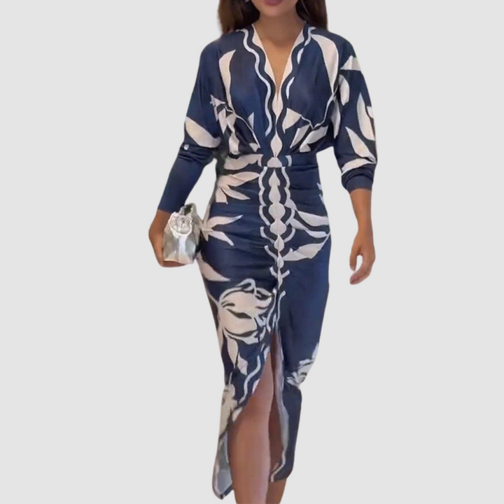 Navy floral V-neck midi dress with tie waist and front slit, long sleeves
