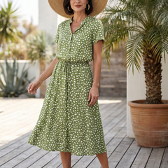 Green printed button-front belted midi dress with short sleeves and V-neck
