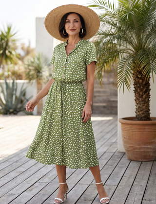Green printed button-front belted midi dress with short sleeves and V-neck