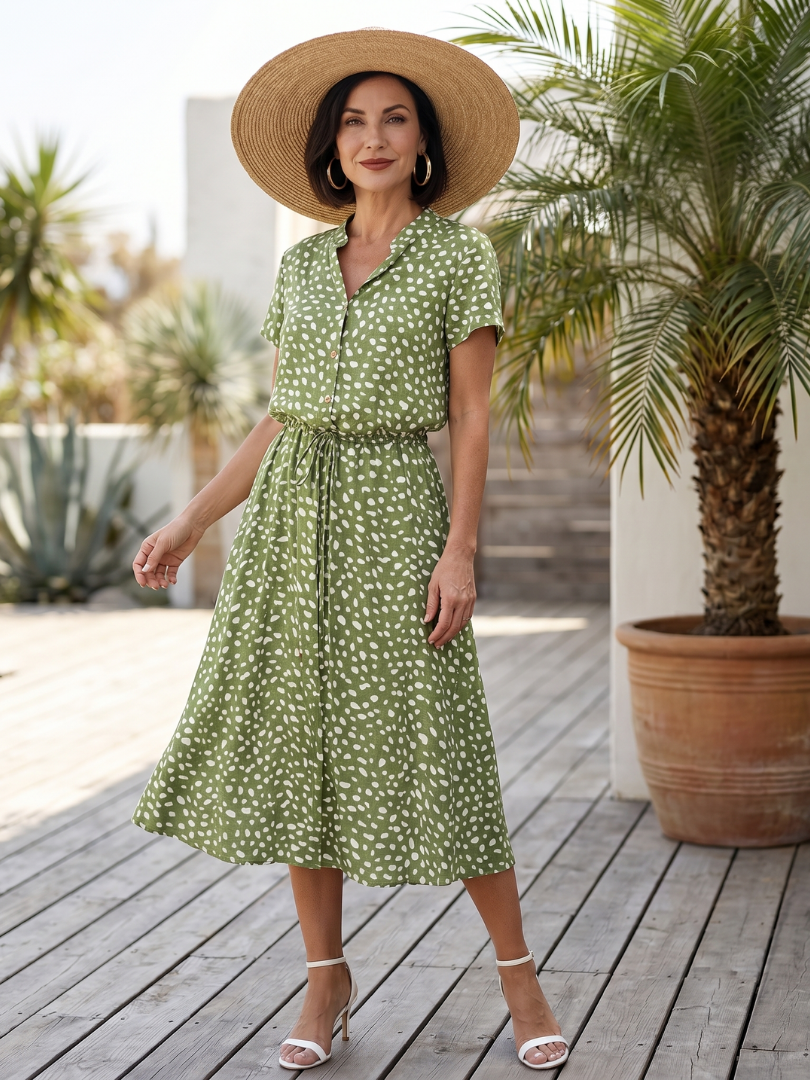 Green printed button-front belted midi dress with short sleeves and V-neck