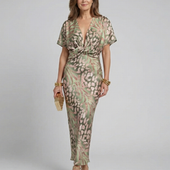 Green abstract print midi dress with V-neck, twisted waist detail and short sleeves