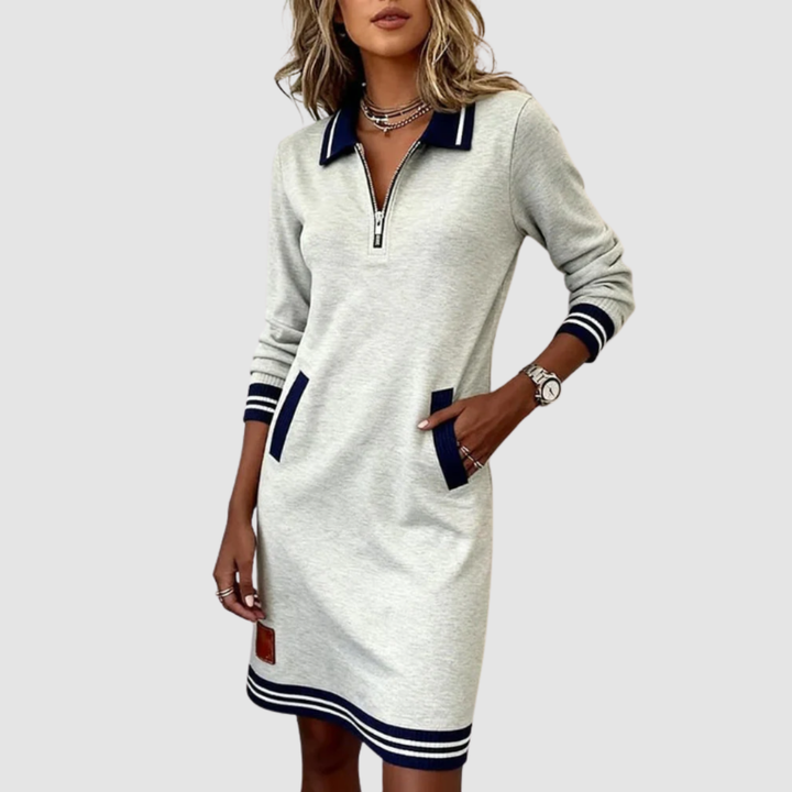 Gray zip-neck dress with contrast collar, front zipper, striped cuffs and hem