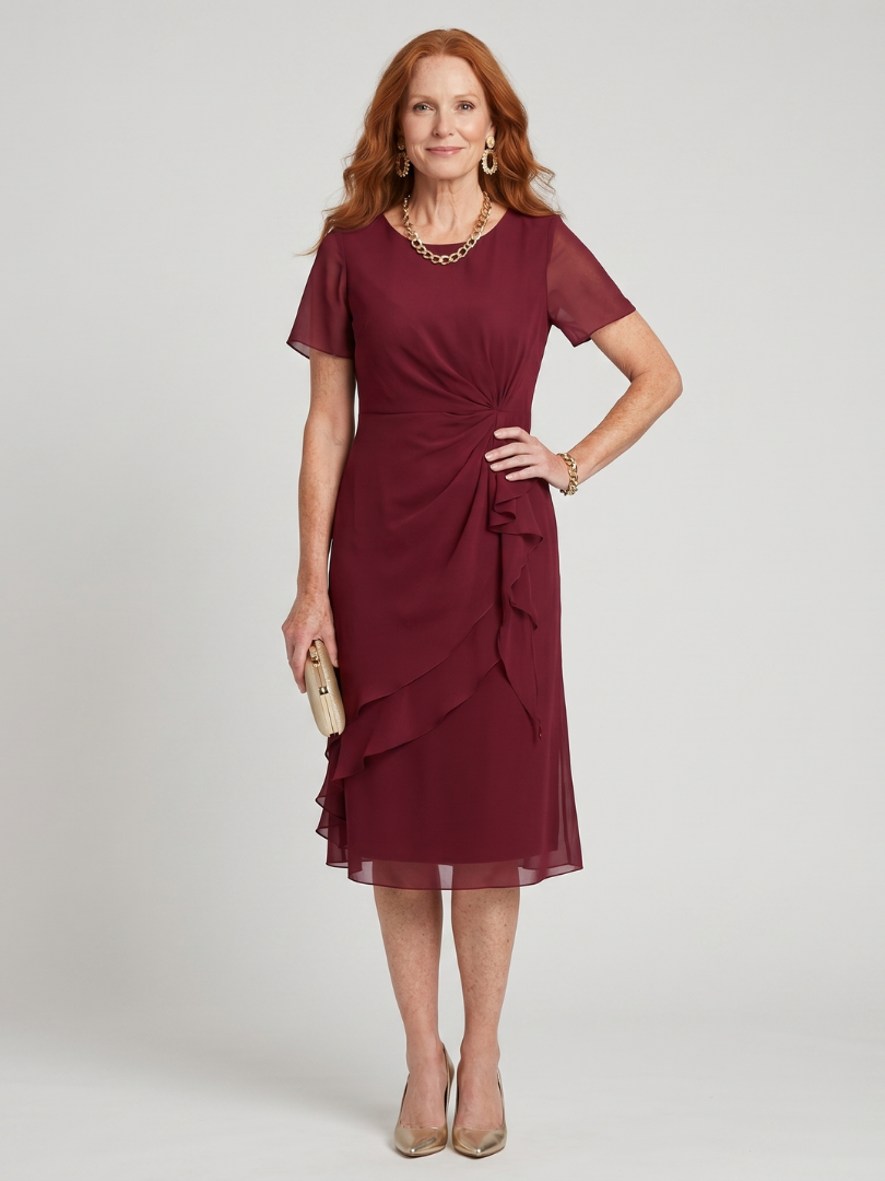 Burgundy midi dress with short sleeves, draped ruffle front and tiered skirt