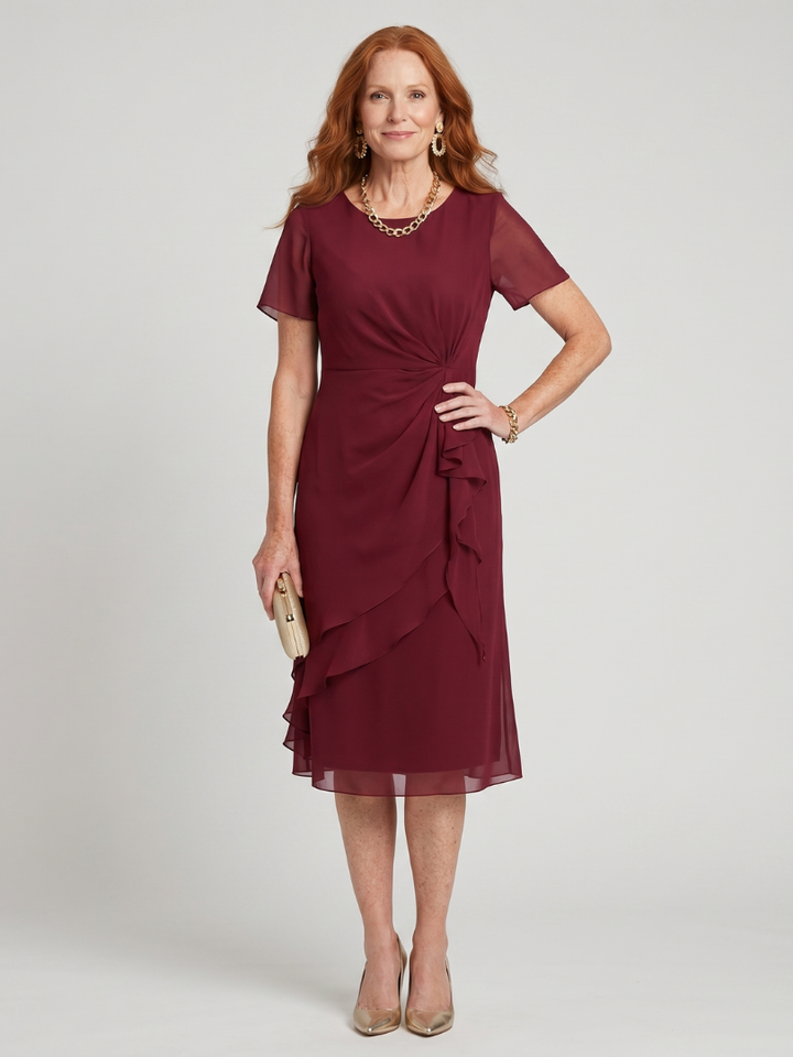 Burgundy midi dress with short sleeves, draped ruffle front and tiered skirt