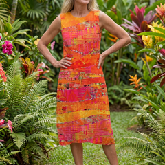 Orange sleeveless midi dress with round neck and multicolor painted stripe pattern