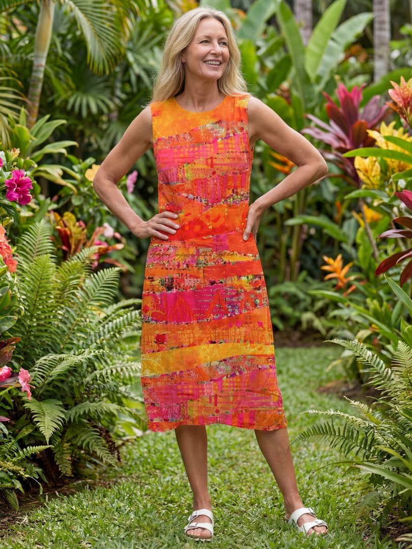 Orange sleeveless midi dress with round neck and multicolor painted stripe pattern