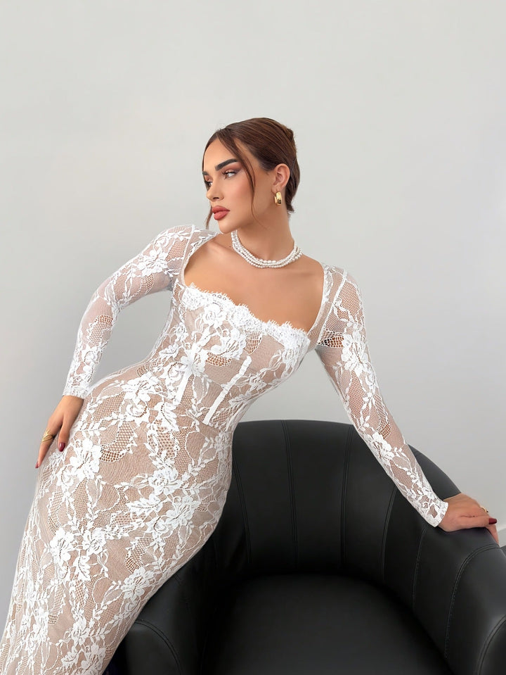 White lace fitted maxi dress with long sleeves and square neckline
