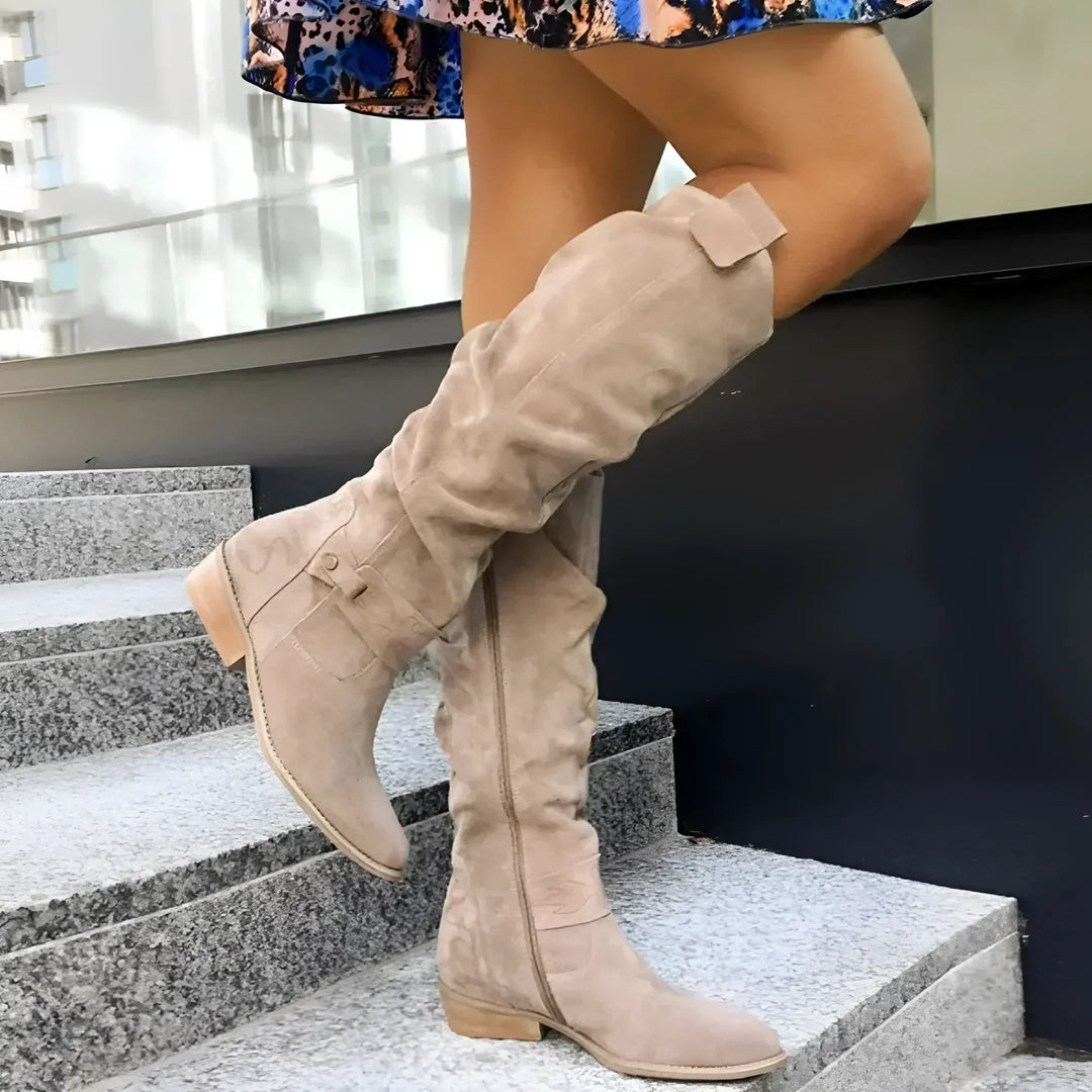 Women's light beige suede knee-high boots with side buckle and block heel