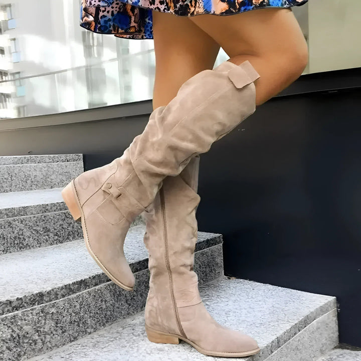 Women's light beige suede knee-high boots with side buckle and block heel