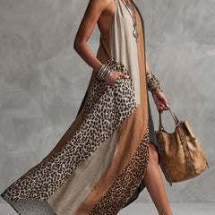 Leopard halter maxi dress with patchwork panels and slit at side hem