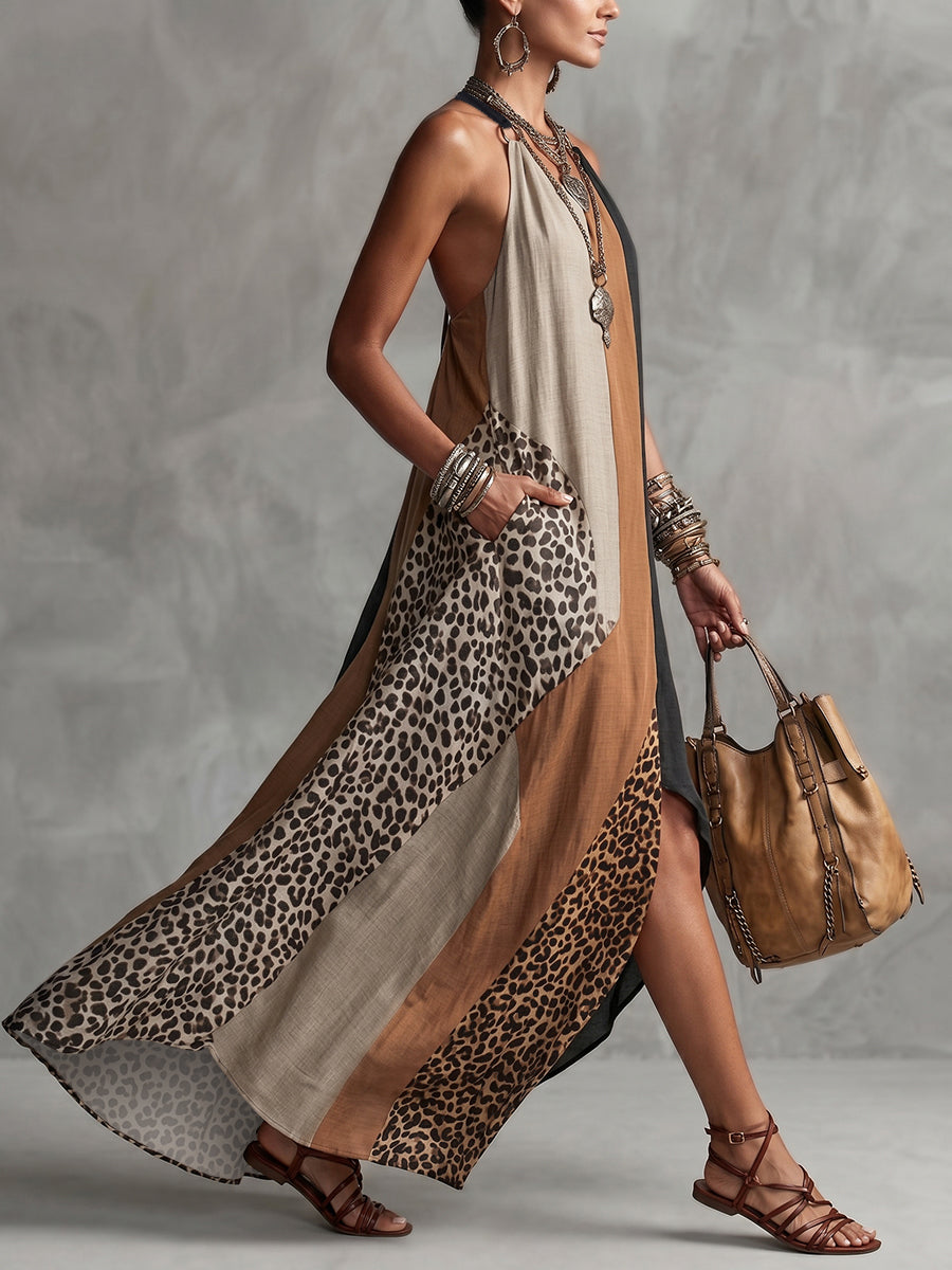 Leopard halter maxi dress with patchwork panels and slit at side hem
